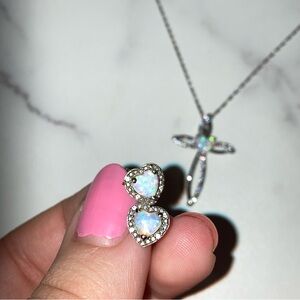 NEW Sterling Silver Opal Cross & Earrings set